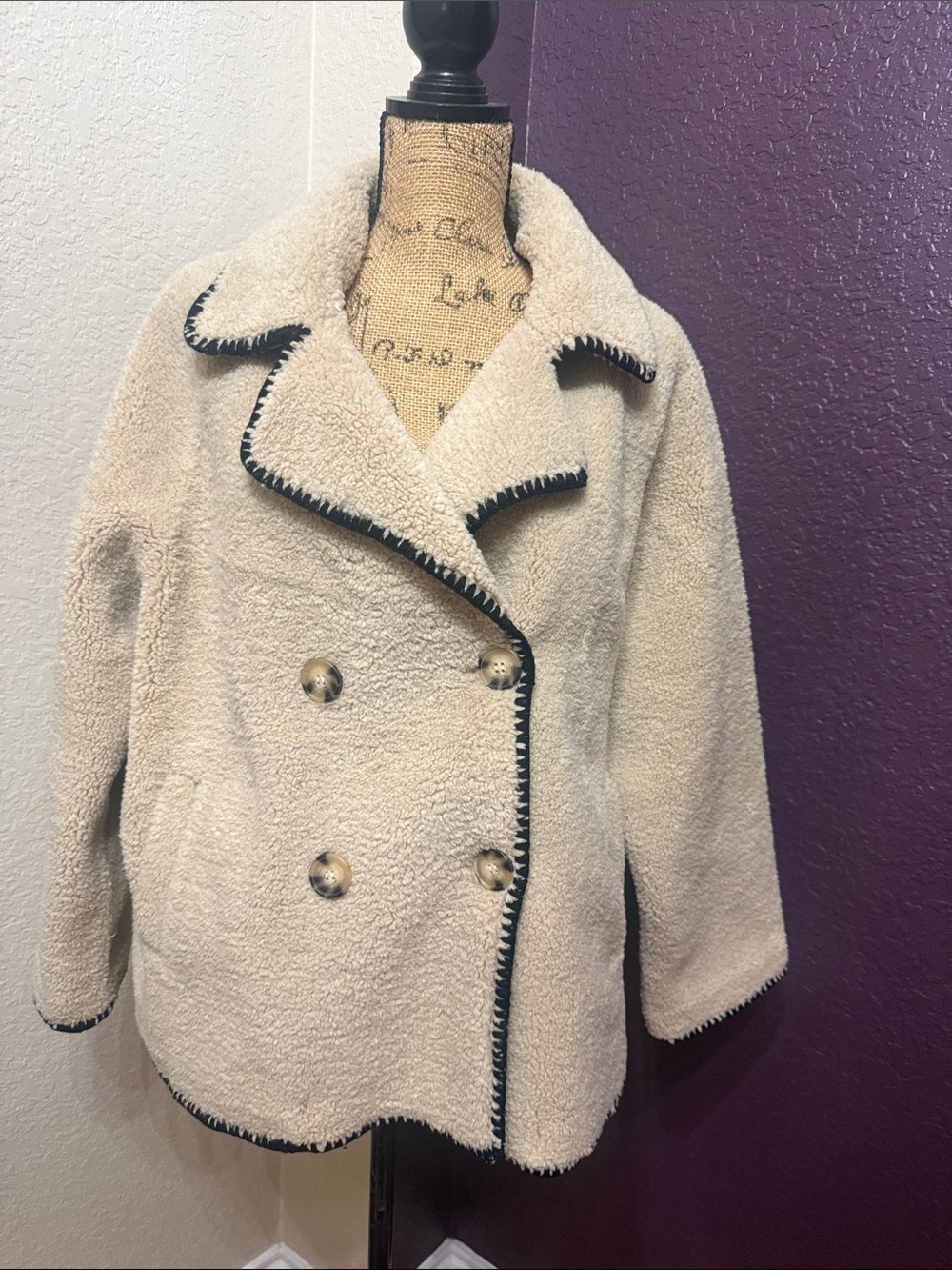 APRICOT Cream Teddy Sherpa Peacoat with Black Contrast Trim